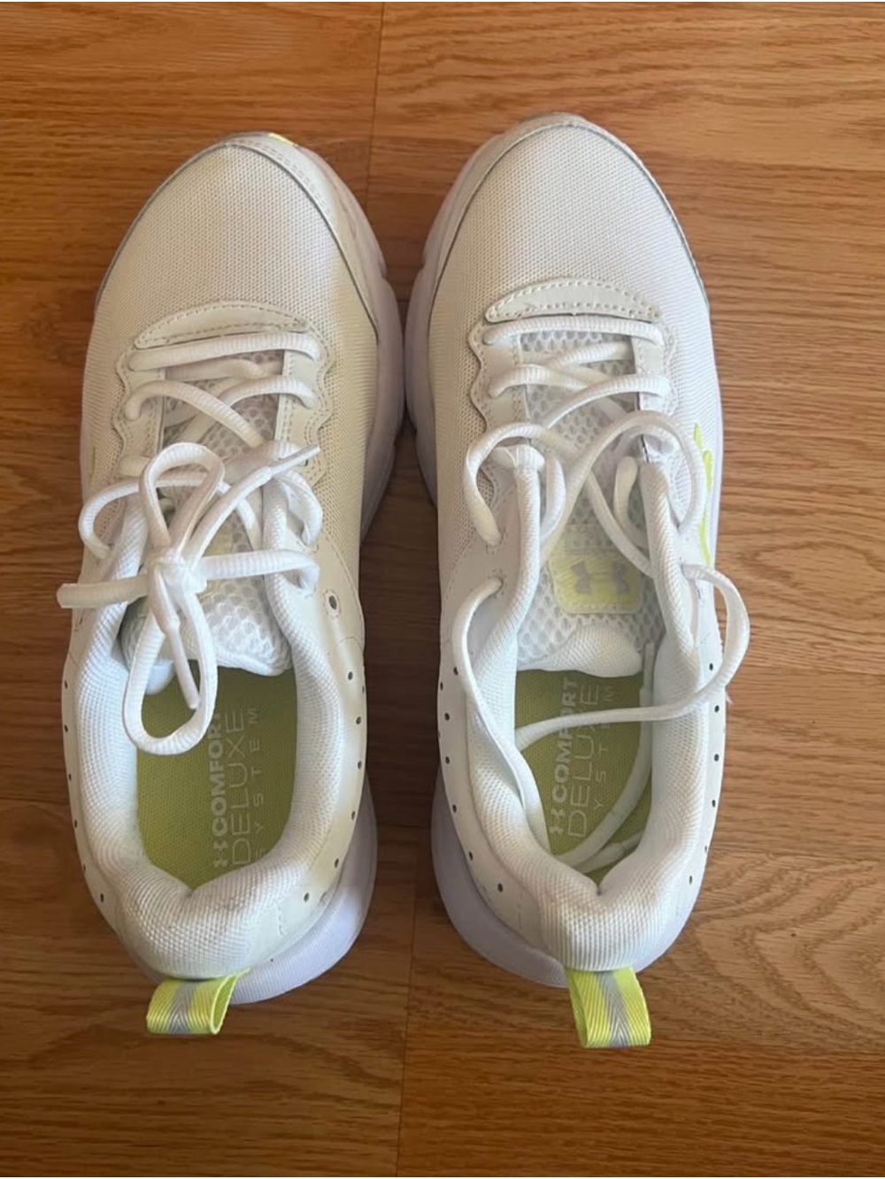 Under Armour Women’s White Athletic Sneakers with Neon Yellow Accents